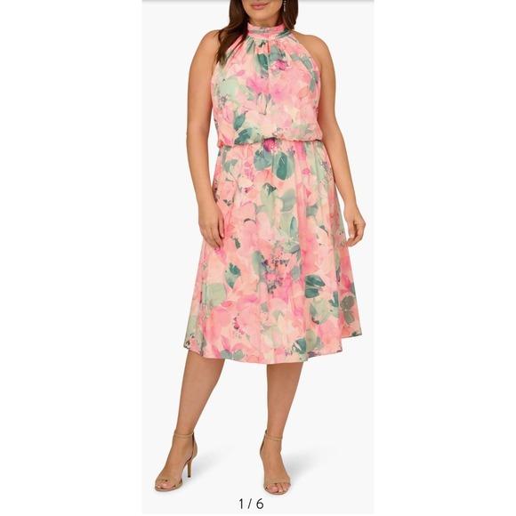 Adrianna Papell Dresses & Skirts - Adrianna Papell Pink Floral Halter Knee Length Chiffon Dress Sleeveless Tie
